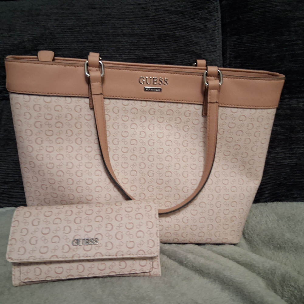 GUESS Beige and Light Brown Tote Bag with Wallet